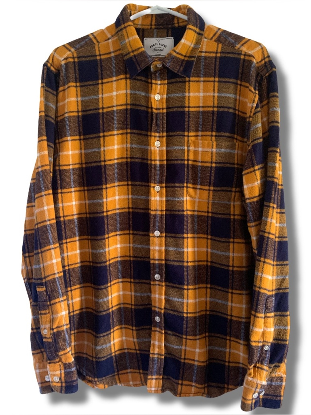 Portuguese Flannel Plaid Navy Blue and Yellow Size Large